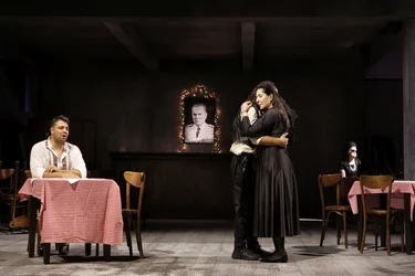 Scene from Balkan Erotic Epic: Marina Abramović and a man embrace in the center of a dimly lit dining room with red-and-white checkered tablecloths. A man sits singing at a table on the left, while a portrait hangs on the wall behind them and another person sits at the edge of the room.