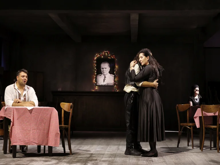 Szene aus Balkan Erotic Epic: Marina Abramović umarmt einen Performer in der Mitte eines schummrig beleuchteten Gastraums mit rot-weiß karierten Tischdecken. Links sitzt ein Mann singend am Tisch, während im Hintergrund ein Porträt an der Wand hängt und eine weitere Person am Rand des Raums sitzt.