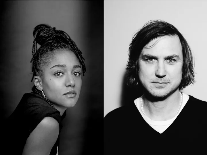 Collage of two black and white portraits of Larissa Sirah Herden and Lars Eidinger, both looking into the camera.