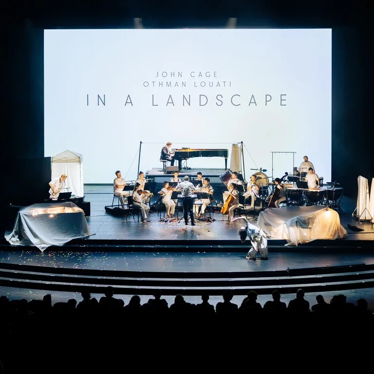 Das Ensemble Les Apaches ! spielt auf einer hell ausgeleuchteten Bühne vor der Projektion „In a Landscape“.