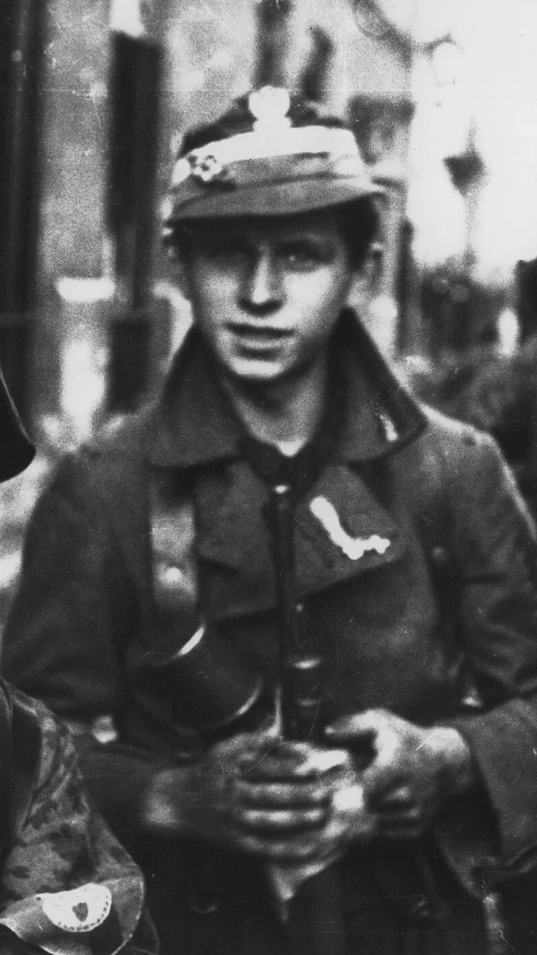 Black and white photography of three young soldiders