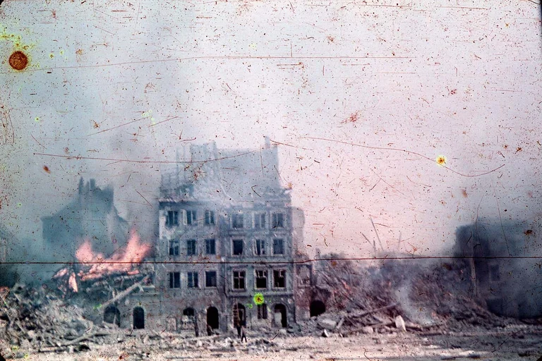 The Old Town Square in Warsaw ablaze during the uprising in August 1944