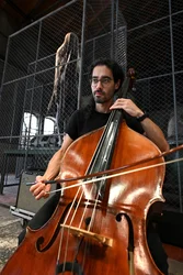 Ein Mitglied von Wild Up, spielt Cello bei der Vorführung "Erased Music: Julius Eastman" in der Turbinenhalle in Bochum