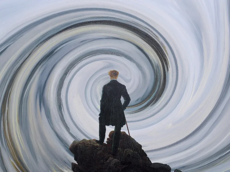 Caspar David Friedrichs Wanderer über dem Nebelmeer, im Hintegrund ein spiralförmig wirbelnder Himmel.