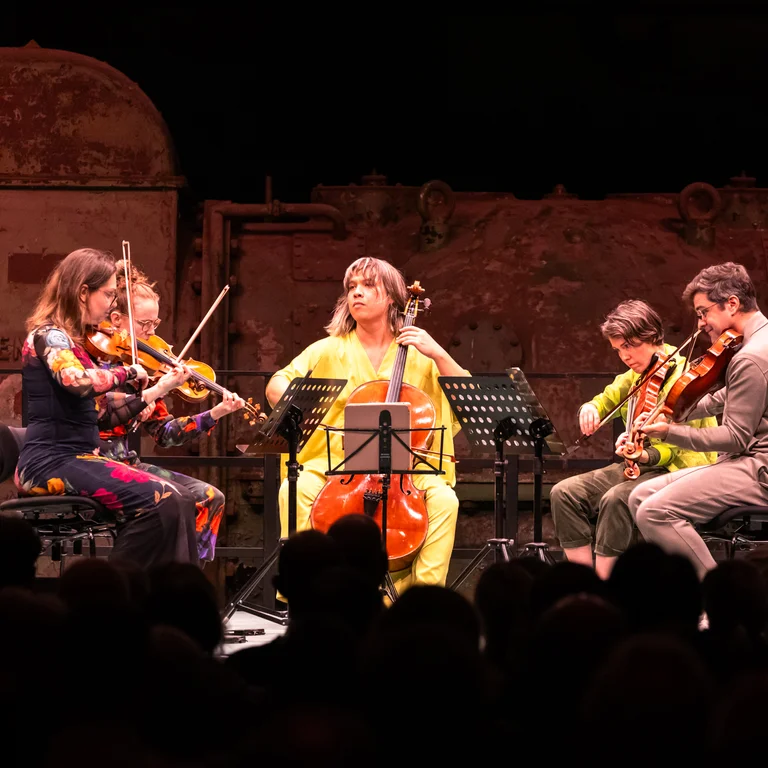 Die Musiker:innen des Attacca Quartet gemeinsam mit Caroline Shaw auf der Bühne. Alle sitzen in einem Halbkreis und spielen auf ihren Streichinstrumenten.