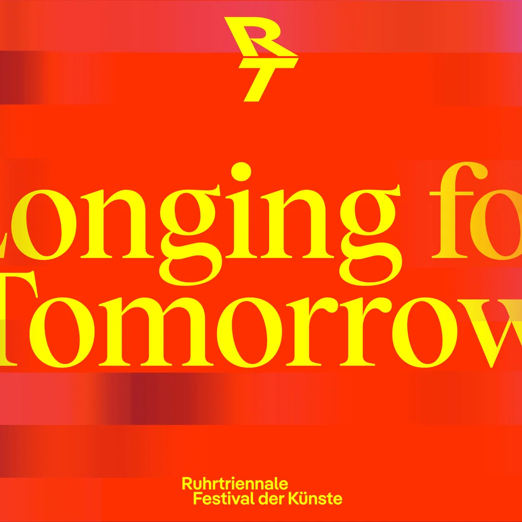 Graphic with a red background and gradient color elements, featuring the text “Longing for Tomorrow” in yellow letters along with the Ruhrtriennale logo and the festival period “21 Aug – 21 Sept 2025”.