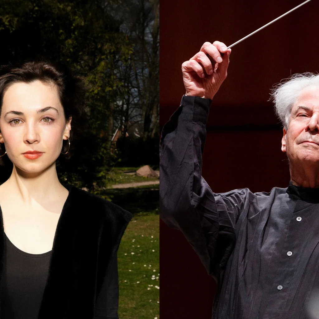 A collage of two photos featuring Frieda Lange and Hartmut Haenchen. The portrait of Frieda Lange shows a young woman with dark, curly hair, gazing seriously into the camera. She stands against a dark background. To her right is Hartmut Haenchen, a man with white hair wearing a black conductor's shirt, raising his hands and holding a baton in a conducting gesture.