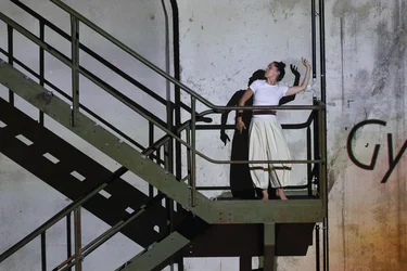Sarah Silverblatt-Buser stands on a metal staircase in an industrial building. She is wearing a white T-shirt and light-coloured trousers and raises one arm upwards. Light casts her shadow and the geometric shapes of the staircase onto the unfinished wall.