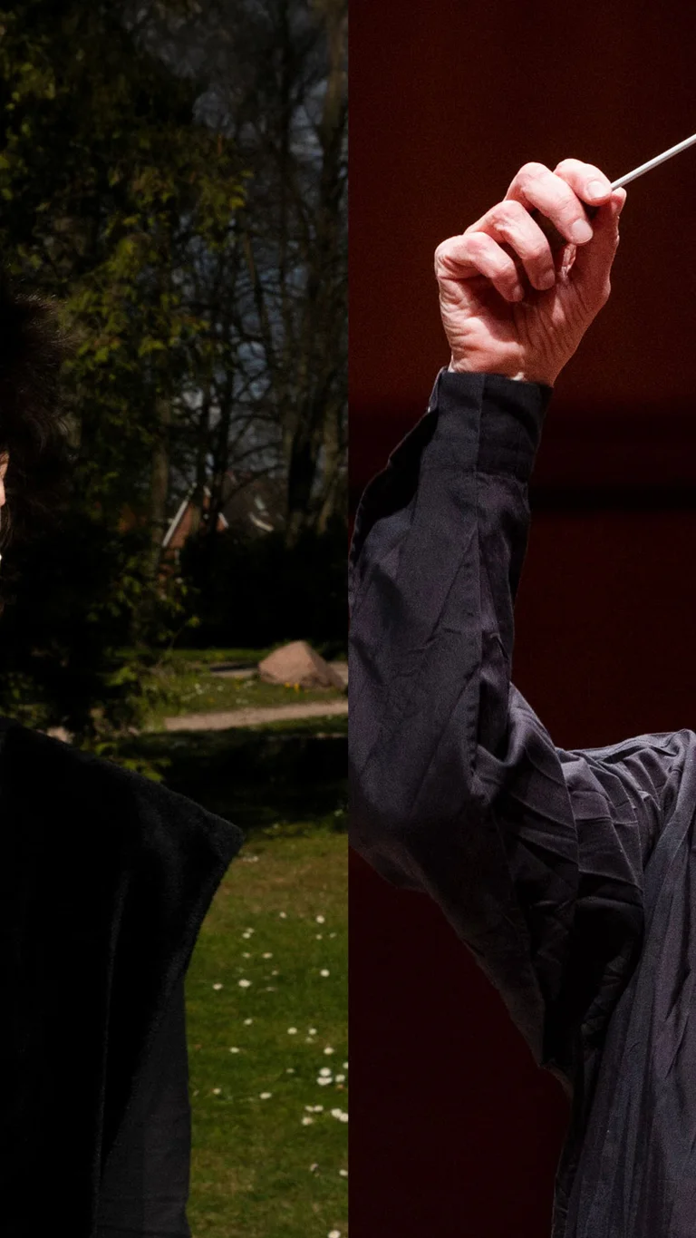 On the left is the director Frieda Lange looking directly into the camera, on the right is the conductor Hartmut Haenchen conducting.