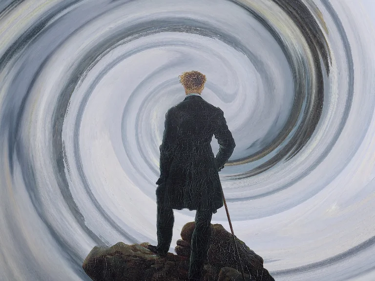 Person steht auf einem Felsen und blickt auf einen wirbelnden, spiralförmigen Himmel.