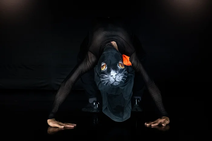 Mohamed Toukabri in a deep crouch on a dark stage, head covered by a hood painted with a cat face, featuring large eyes and whiskers. An orange bow decorates the hood.