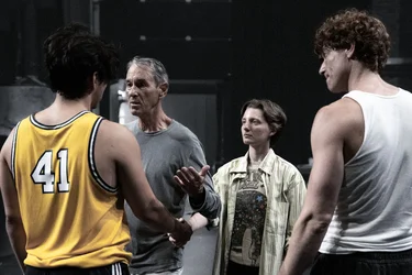 The three lead actors in the production Rebel Rebel, together with artistic director Ivo Van Hove.
