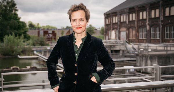 Barbara Frey, artistic director of the Ruhrtriennale 2021-2023, in front of the Turbinenhalle in Bochum