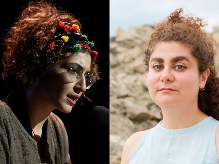 On the left Miedya Mahmod speaking into a microphone, on the right Esra Canpalat looking into the camera.