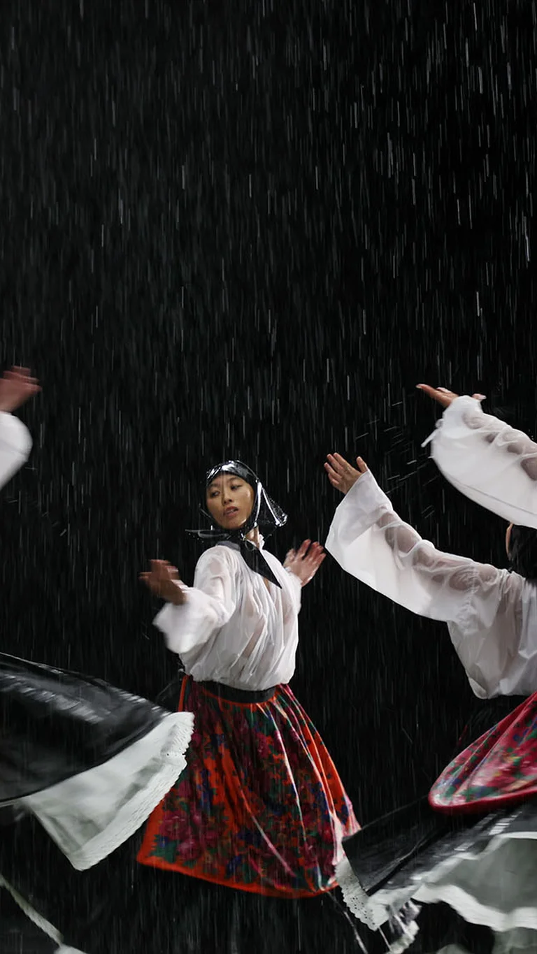 Scene from Balkan Erotic Epic: Performers in traditional clothing dance in the rain and raise their arms to the sky.
