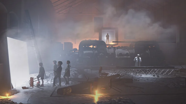 A dystopian-looking scene bathed in fog in the Turbinenhalle Bochum.