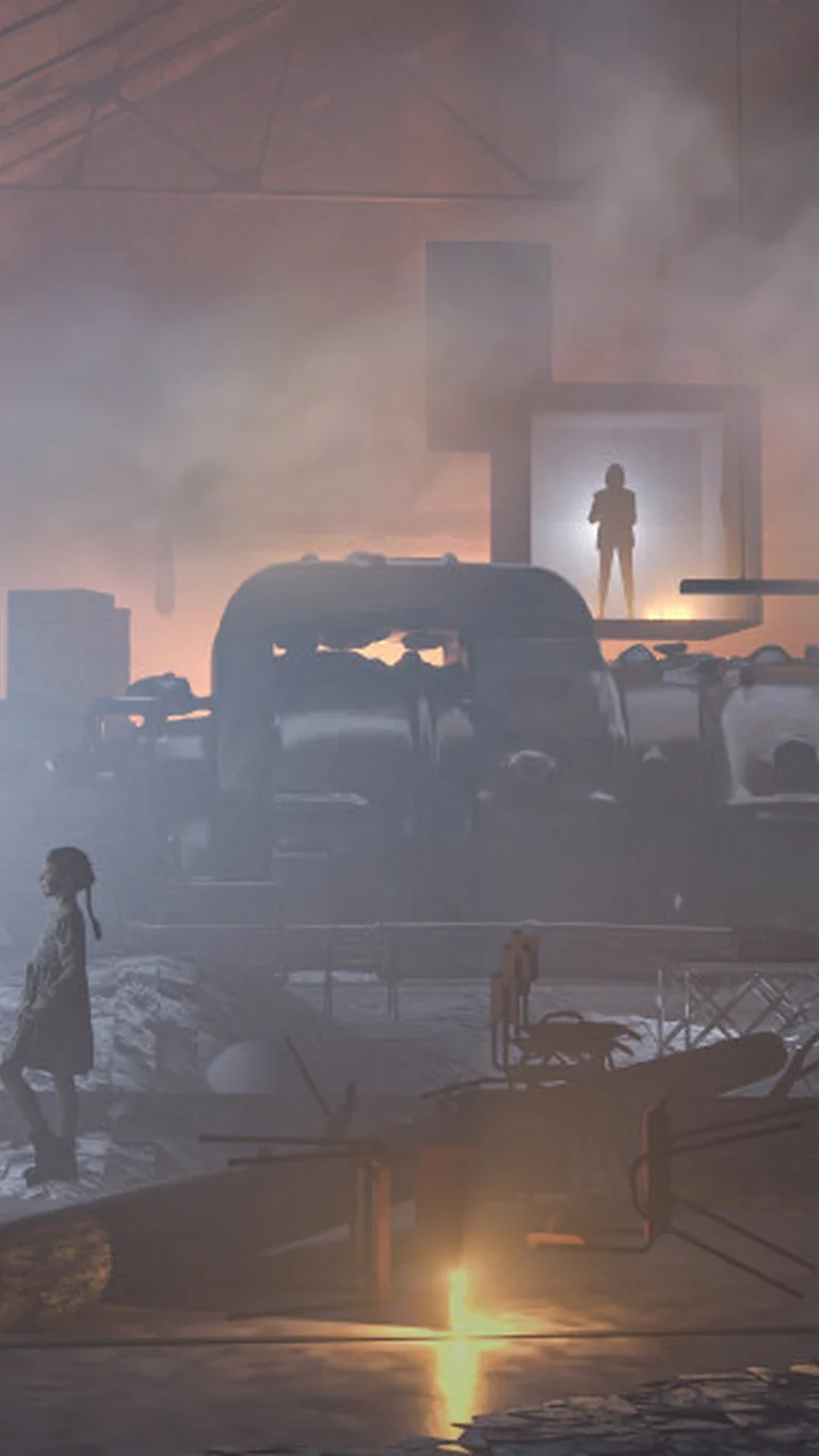 A dystopian-looking scene bathed in fog in the Turbinenhalle Bochum.