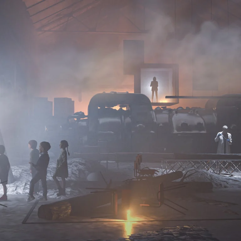 A dystopian-looking scene bathed in fog in the Turbinenhalle Bochum.
