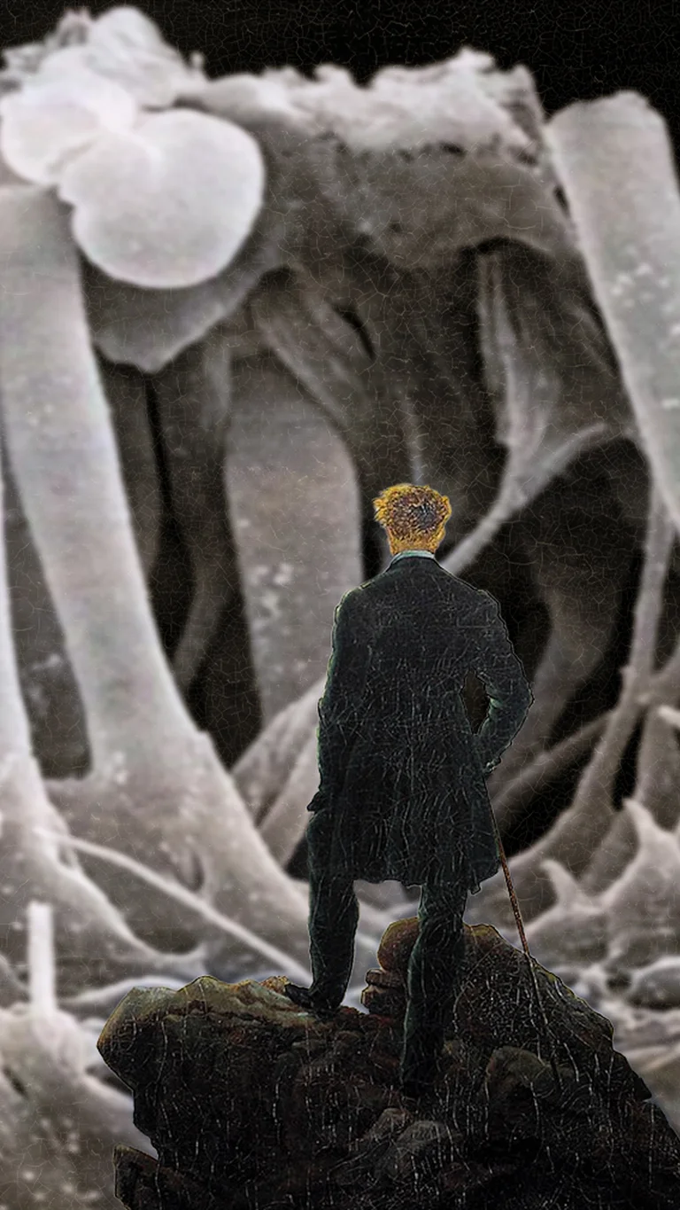 Caspar David Friedrichs Wanderer über dem Nebelmeer, im Hintegrund die Abbildung von Härchen im Inneren eines Ohres.