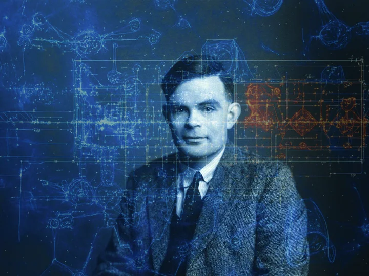 Black-and-white portrait of Alan Turing with a digital collage of blue and orange technical drawings and circuit diagrams in the background. The overlay symbolizes his groundbreaking work in computing and cryptography.