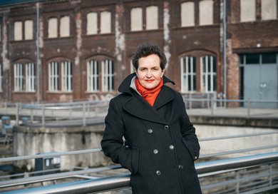 Barbara Frey, artistic director of the Ruhrtriennale 2021-2023, in front of the Turbinenhalle in Bochum.