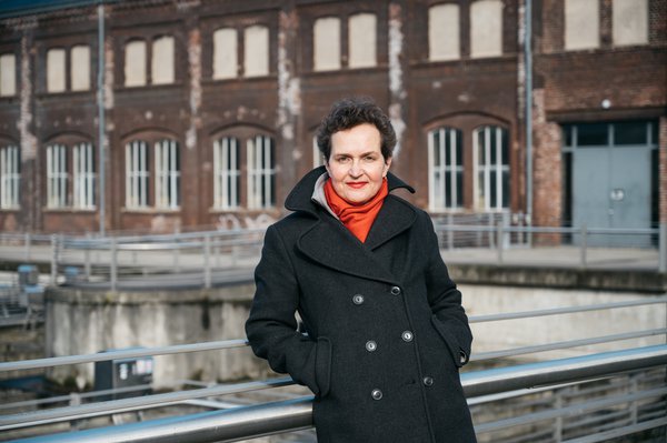 Barbara Frey, artistic director of the Ruhrtriennale 2021-2023, in front of the Turbinenhalle in Bochum.