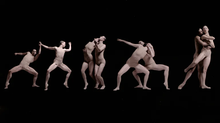 Dancers in skin-toned costumes perform in pairs against a black background. The scenes convey a blend of tension, intimacy, and expressiveness.