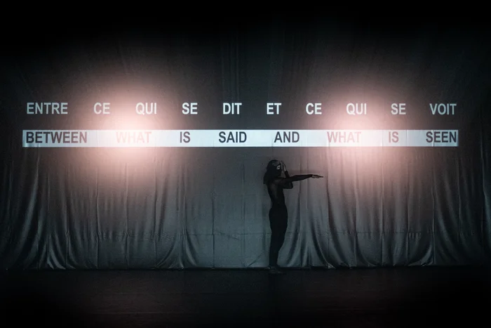 Mohamed Toukabri stands in front of a grey curtain, above them a projected phrase reads: “Between what is said and what is seen,” in both French and English.