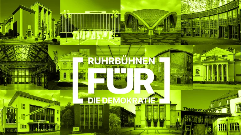 The RuhrBühnen theatres are arranged in 3x4 rows. The slogan ‘RuhrBühnen für die Demokratie’ is in brackets in the centre. The entire graphic is immersed in a bright yellow-green filter.