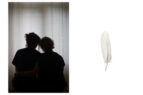 Collage, left: Noelle's mother and sister sit for a portrait - they strengthen each other. right: a
feather that came to me when I had just finished working on the lake where Noelle's mother
regularly goes swimming.
