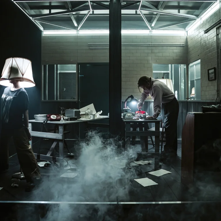 One person stands with a lampshade over their head, next to another working at a desk. The scene is bathed in fog.