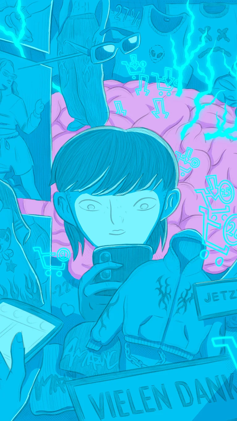 A graphic novel depicting a teenager staring at their mobile phone, surrounded by tempting offers.