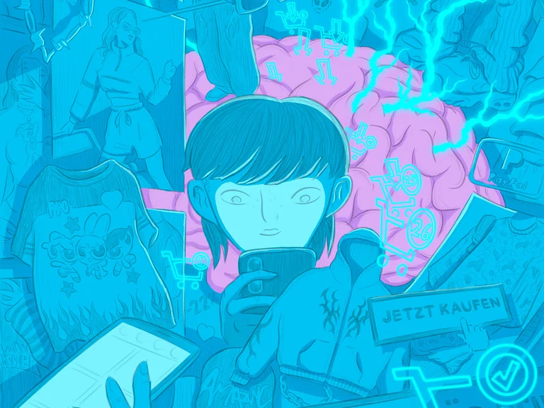 Graphic Novel, die eine jugendliche Person zeigt, die auf ihr Handy starrt, umgeben verlockenden Angeboten.