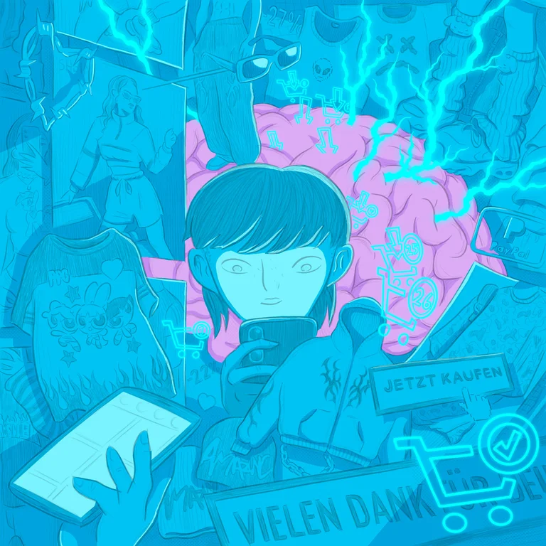 A graphic novel depicting a teenager staring at their mobile phone, surrounded by tempting offers.